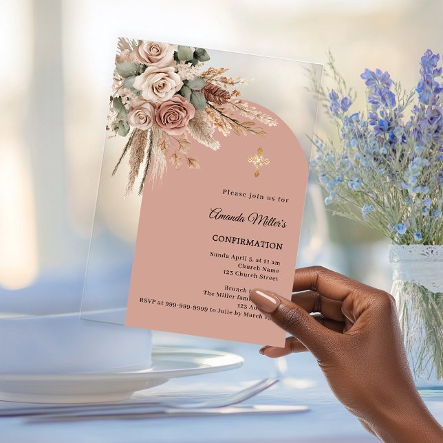 Beige taupe roses pampas arch clear Confirmation Acrylic Invitations (Creator Uploaded)