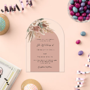Beige taupe roses pampas arch clear wedding acrylic invitations