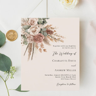 Beige taupe roses pampas grass wedding invitation
