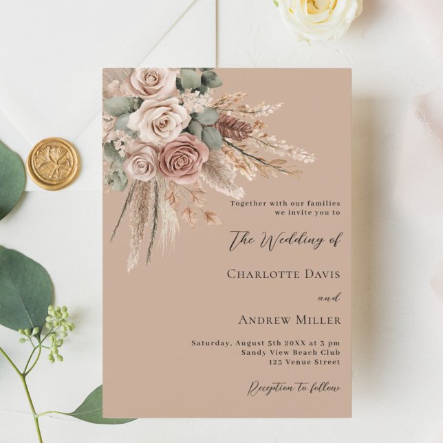 Beige taupe roses pampas greenery luxury wedding invitation (Creator Uploaded)