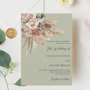 Beige taupe roses pampas sage green luxury wedding invitation