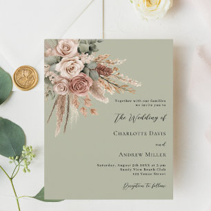 Beige taupe roses sage green wedding invitation