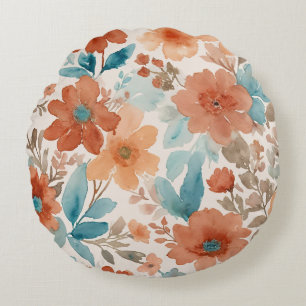 Beige, teal and rust soft watercolor floral round cushion
