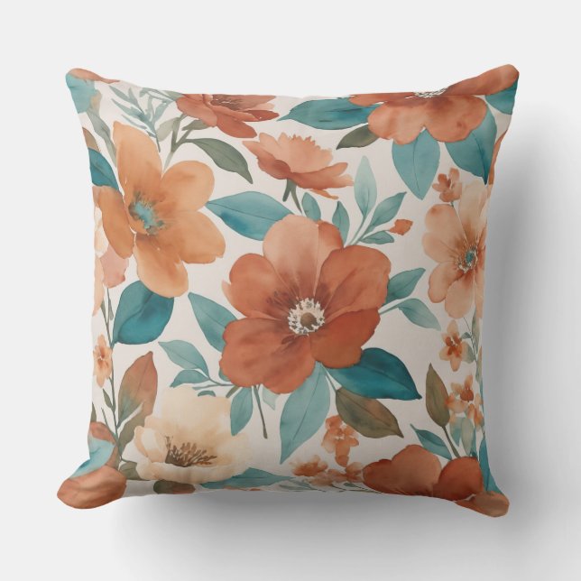 Beige, teal and rust watercolor flowers  cushion (Front)