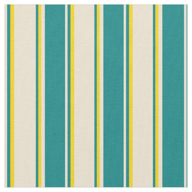 Beige, Teal, and Yellow Lines Pattern Fabric (Close Up)