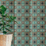 Beige Teal Black Geometric Mosaic Stone-Look Tile<br><div class="desc">Unique decorative tile design featuring a seamless pattern made of geometric shapes in teal and black on a beige stone-look textured background.</div>