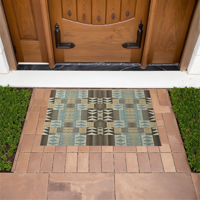 Beige Teal Blue Green Taupe Brown Tribal Art Doormat (Outdoor)