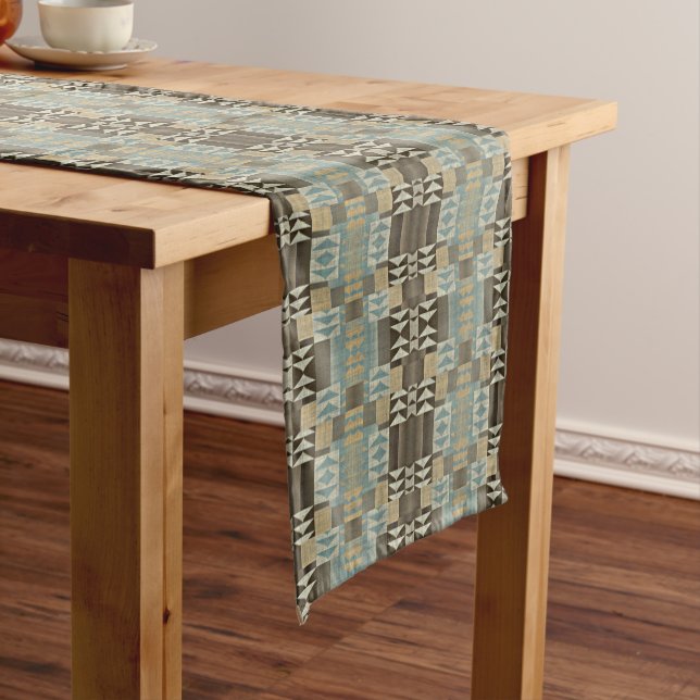 Beige Teal Blue Green Taupe Brown Tribal Pattern Short Table Runner (In Situ)