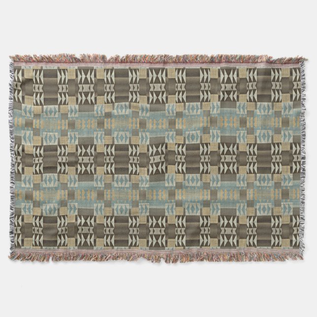 Beige Teal Blue Green Taupe Brown Tribal Pattern Throw Blanket (Front)