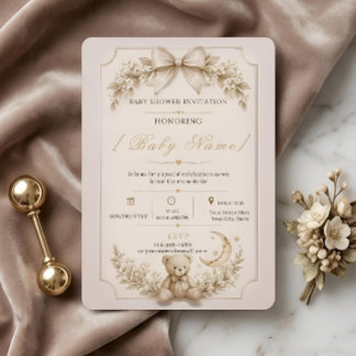 Beige Teddy Bear Baby Shower Invite