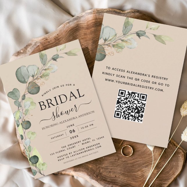 Beige Terracotta Bridal Shower QR Code Eucalyptus Invitation (Creator Uploaded)