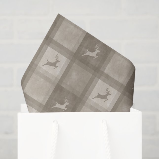 Beige Textured Plaid With Reindeer Christmas Tissue Paper (Gift Bag)