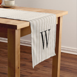 Beige Ticking Stripes Monogram   Modern Farmhouse Short Table Runner