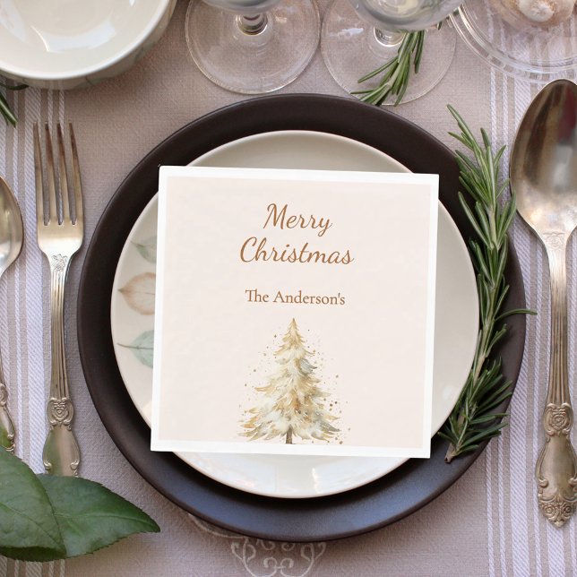 Beige tree snow script Christmas luncheon Napkin (Creator Uploaded)