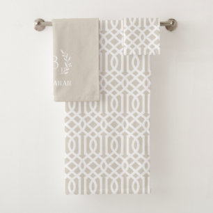 Beige Trellis and Branch Monogram   Farmhouse Bath Towel Set