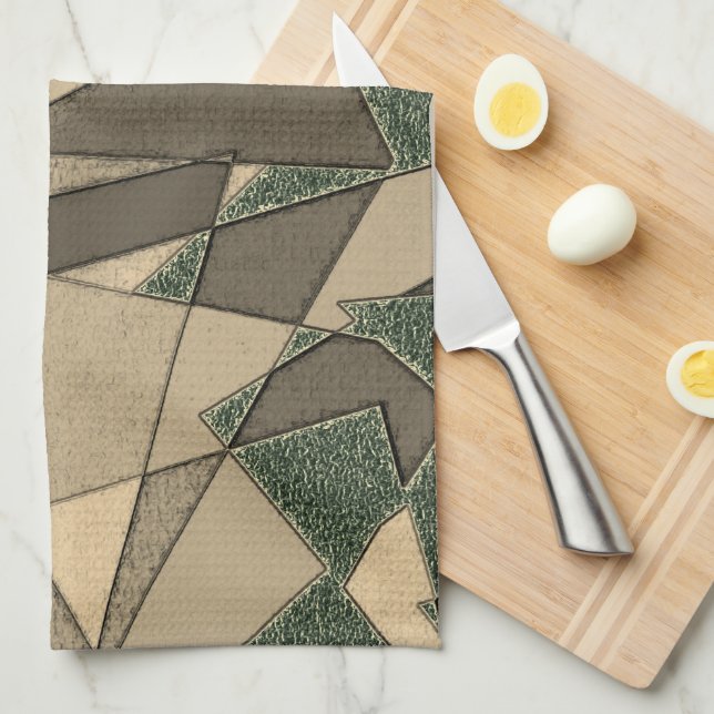 Beige triangular cutout on 'dark green background' tea towel (Quarter Fold)