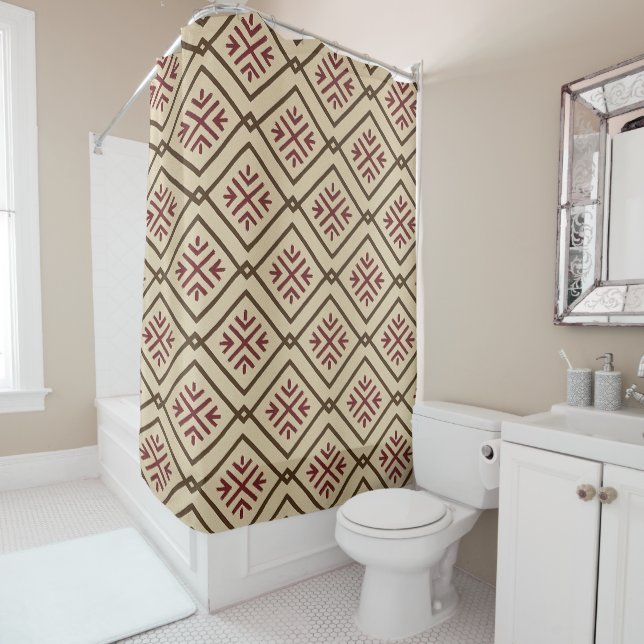 Beige Tribal-Inspired Shower Curtain (In Situ)