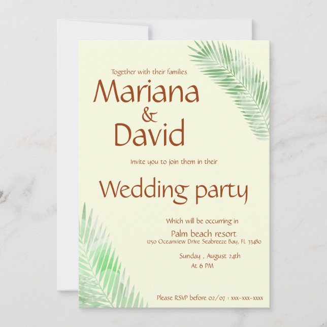 beige tropical wedding invitation with green palm  (Front)