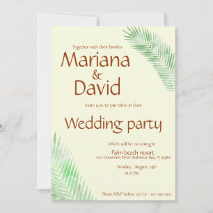 beige tropical wedding invitation with green palm