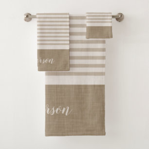 Beige Turkish Stripes Monogram Farmhouse Bath Towel Set
