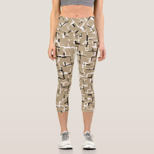 Beige Unique Black and White Pattern  Capri Leggings