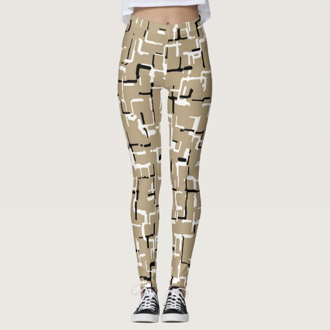 Beige Unique Black and White Pattern Leggings (Front)