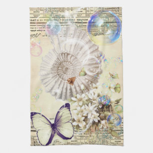 beige vintage butterfly seashell French botanical Tea Towel