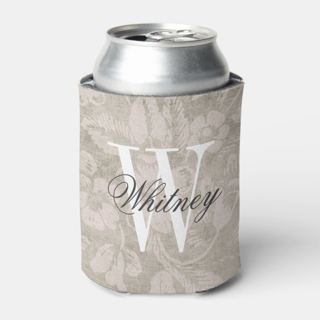 Beige Vintage Floral Print Monogram Can Cooler (Can Front)