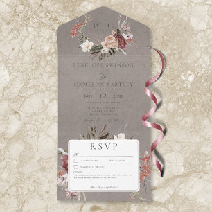 Beige Vintage Floral Wreath No Dinner All In One Invitation