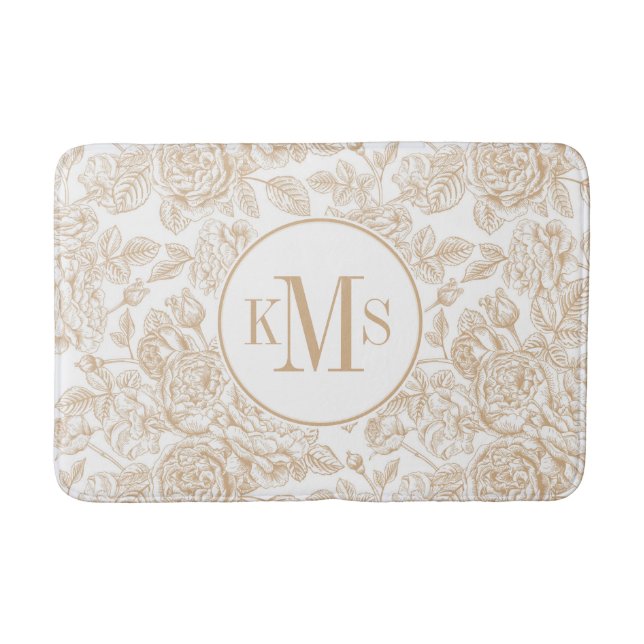 Beige Vintage Rose Flower Pattern Bath Mat (Front)