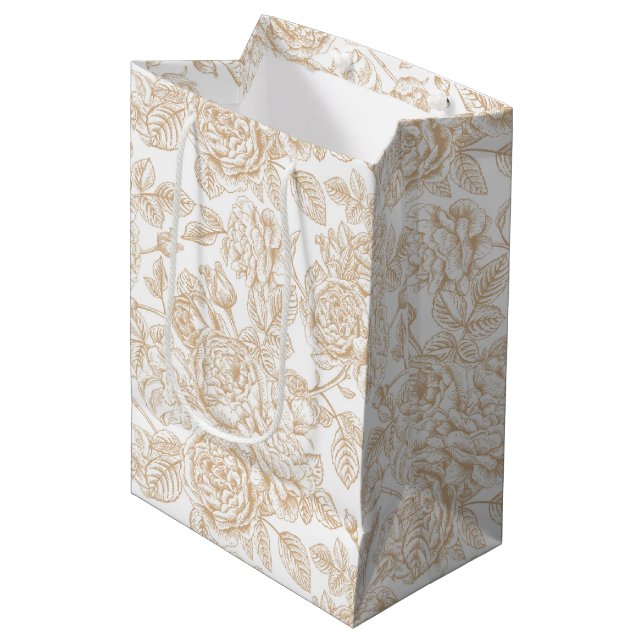 Beige Vintage Rose Flower Pattern Medium Gift Bag (Front Angled)