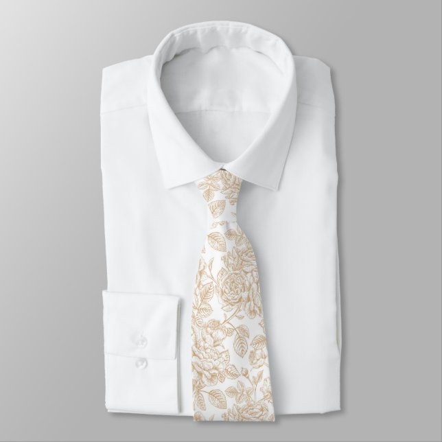 Beige Vintage Rose Flower Pattern Tie (Tied)