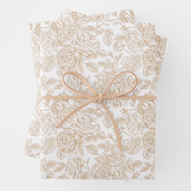 Beige Vintage Rose Flower Pattern Wrapping Paper Sheet (In situ)