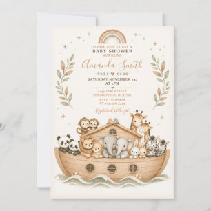 Beige Watercolor Animals Noah's Ark Baby Shower Invitation