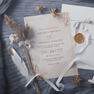 Beige Watercolor Boho Floral QR Code Wedding Invitation