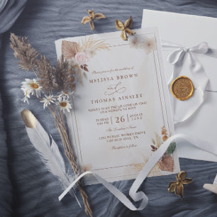 Beige Watercolor Boho Flowers QR Code Wedding Invitation