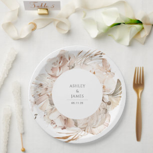 Beige watercolor botanical floral garden wedding paper plate