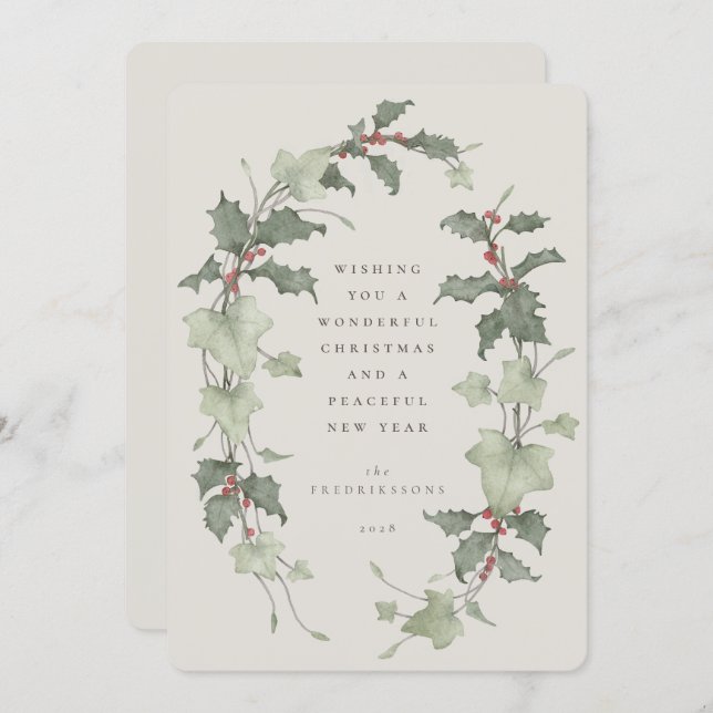 Beige Watercolor Holly & Ivy Holiday Card (Front/Back)