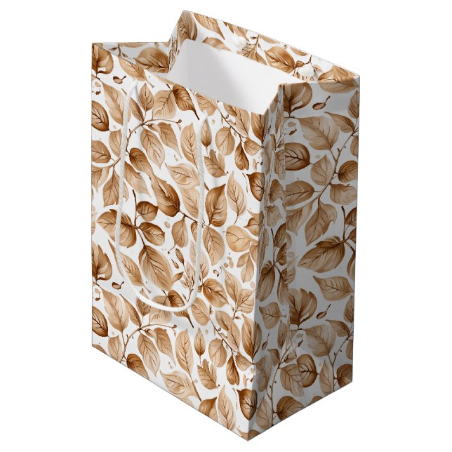 Beige Watercolor Leaves Pattern Medium Gift Bag (Front Angled)