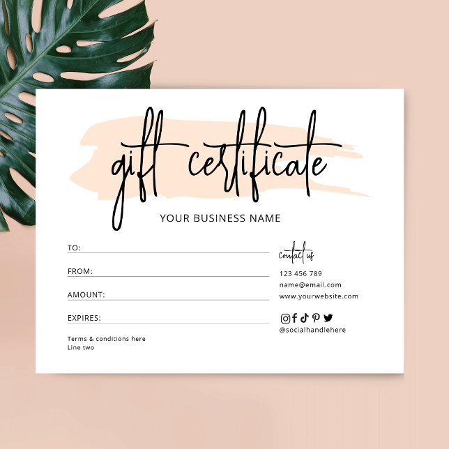 Beige Watercolor Modern Business Gift Certificate Card (Modern light cream waterbrush business voucher design with fully editable colors and text)
