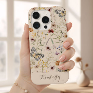 Beige Watercolor Wildflowers Pattern Name iPhone 15 Pro Case