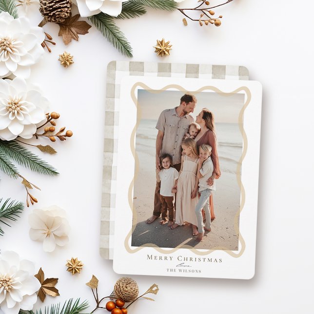 Beige Wavy Frame Photo Christmas Holiday Card (Creator Uploaded)