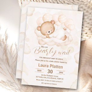 Beige We Can Bearly Wait Neutral Bear Baby Shower Invitation