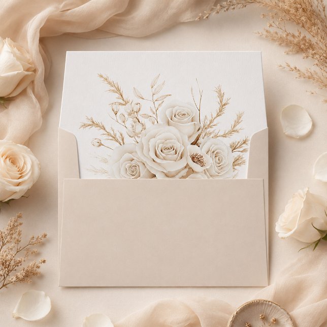 Beige Wedding Envelope with Ivory Roses Liner (Beige Wedding Envelope with Ivory Roses Liner on a table with ivory and beige flowers)