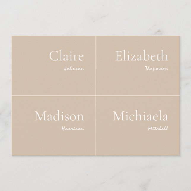 Beige Wedding Place Card DIY (Front)
