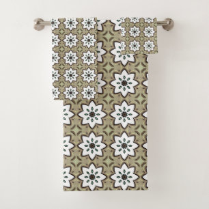 Beige, white and black geometric mandala  bath towel set