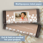 Beige White Bat Mitzvah Custom Candy Bar Wrapper<br><div class="desc">Simple beige and white DIY bat mitzvah chocolate bar label is versatile for candy bars, pastries, and lots of other party favours. Special desserts or take home gifts are beautiful with Bat Mitzvah photo and special wording. DIY beige paper with white wild flowers is a great alternative for branded bat...</div>