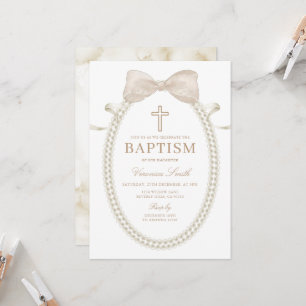 Beige White BOW Pearls Girl Baptism Christening Invitation