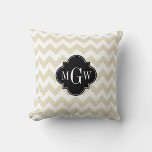 Beige White Chevron Black Quatrefoil 3 Monogram Cushion