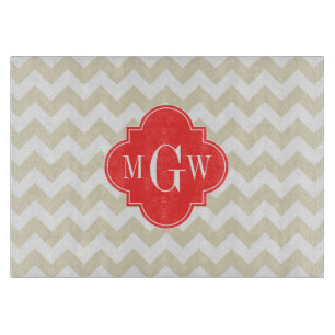 Beige White Chevron Coral Quatrefoil 3 Monogram Cutting Board